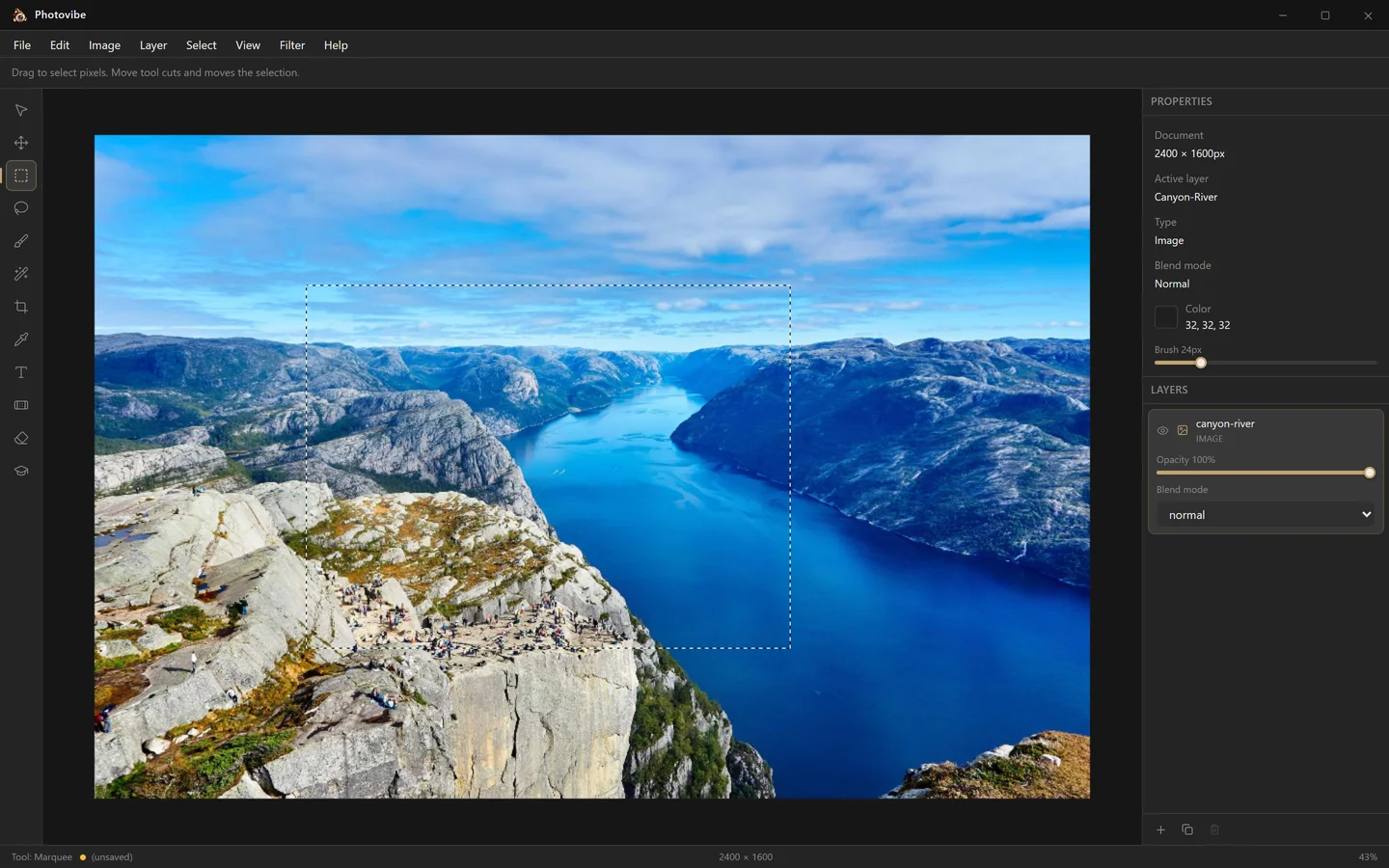 A rectangular marquee selection with animated marching ants over a landscape photo in Photovibe